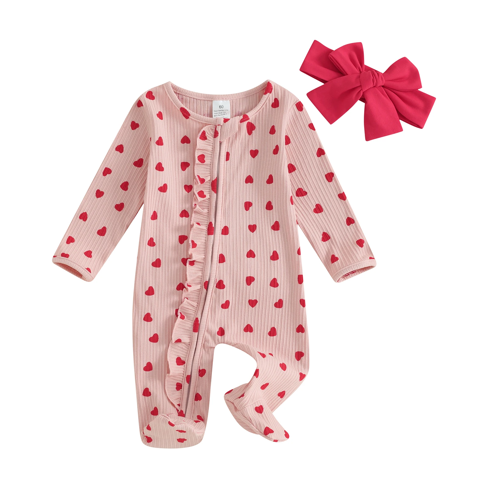 

2024 Spring Infant Girl Valentine's Day Jumpsuit with Bow Headband Long Sleeve Ruffled Heart Print Zip Up Romper