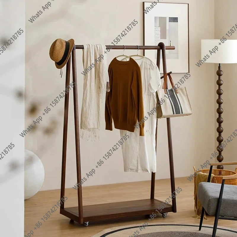 North American Black Walnut Coat Rack Solid Wood Hanger Household Floor Bedroom Storage Foot Brake Wheel Mobile Rack
