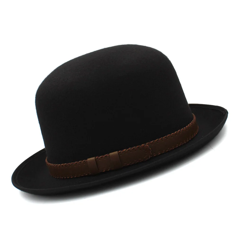 Classic Black Bowler Derby Hat Brown Stitched Leather Band Men Women Vintage British  Felt Fedora Caps Formal Party Sombrero