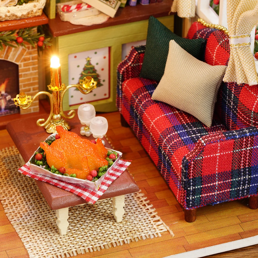 لتقوم بها بنفسك عيد الميلاد دمية مصغرة عدة واقعية صغيرة ثلاثية الأبعاد منزل خشبي غرفة الحرفية مع الأثاث أضواء LED عيد ميلاد الأطفال