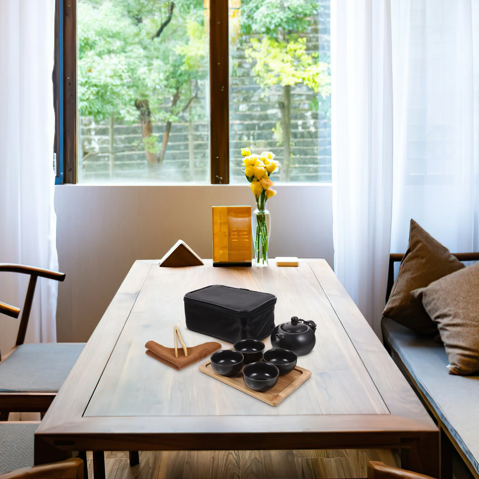 

1Set Portable Travel Tea Set Simple Elegant Kung Fu Ceramic Teapot Teacups Wooden Tray Storage Bag Outdoor Home Office