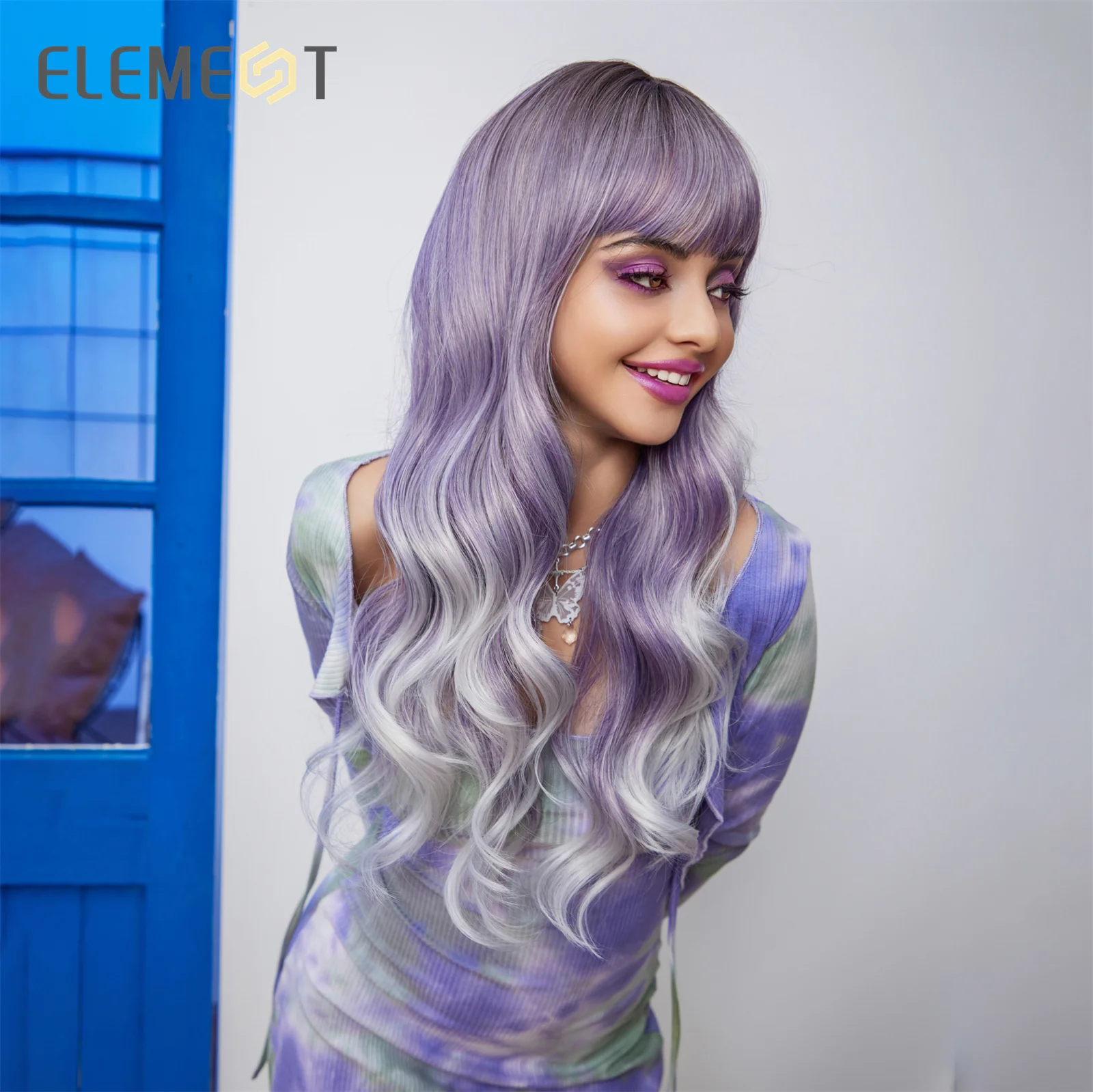Long Punk Synthetic Wigs Ombre Purple Color Curly Water Wavy Hair Wig with Bangs Cosplay Daily Use Party Heat Resistant