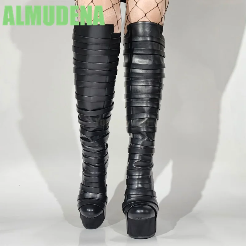 

Slope Heeled Boots Fashionable Black Multi Belt Decoration Back Zipper Design Sexy British Style Ultra high heels Women's Boot