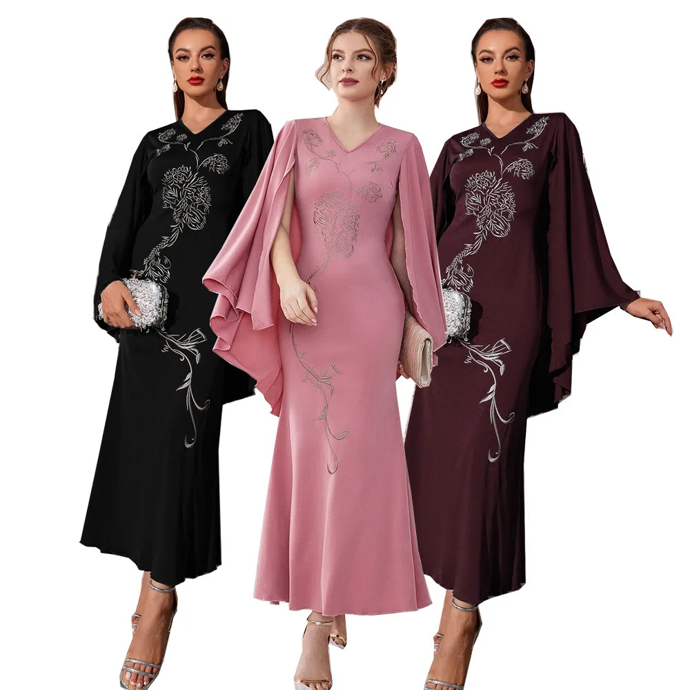 YQ-217120223 Embroidered Dress V-neck Bat Sleeves Dress Urban Long Dress