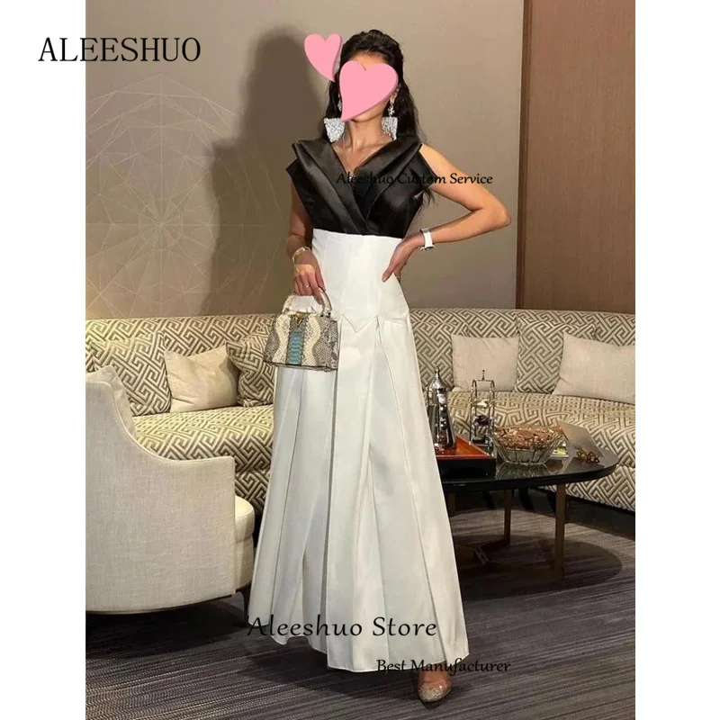 Aleeshuo Moderne schwarze A-Linie-Satin-Abendkleider, elegantes, mit Perlen besetztes, ärmelloses Ballkleid, plissiert, sexy V-Ausschnitt, 2025, individuell gestaltet