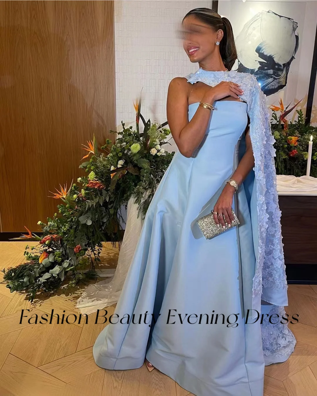 Robe de Rhen satin bleu clair sans bretelles pour femmes, cape brillante à fleurs, robe de soirée formelle, robes de gala éducatives, mode beauté, 2024