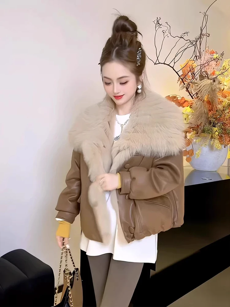 

Warm Brown Oversized Coat with Large Fur Collar Women's Fashionable Commute Style Long Sleeve Single Button Closure Coat