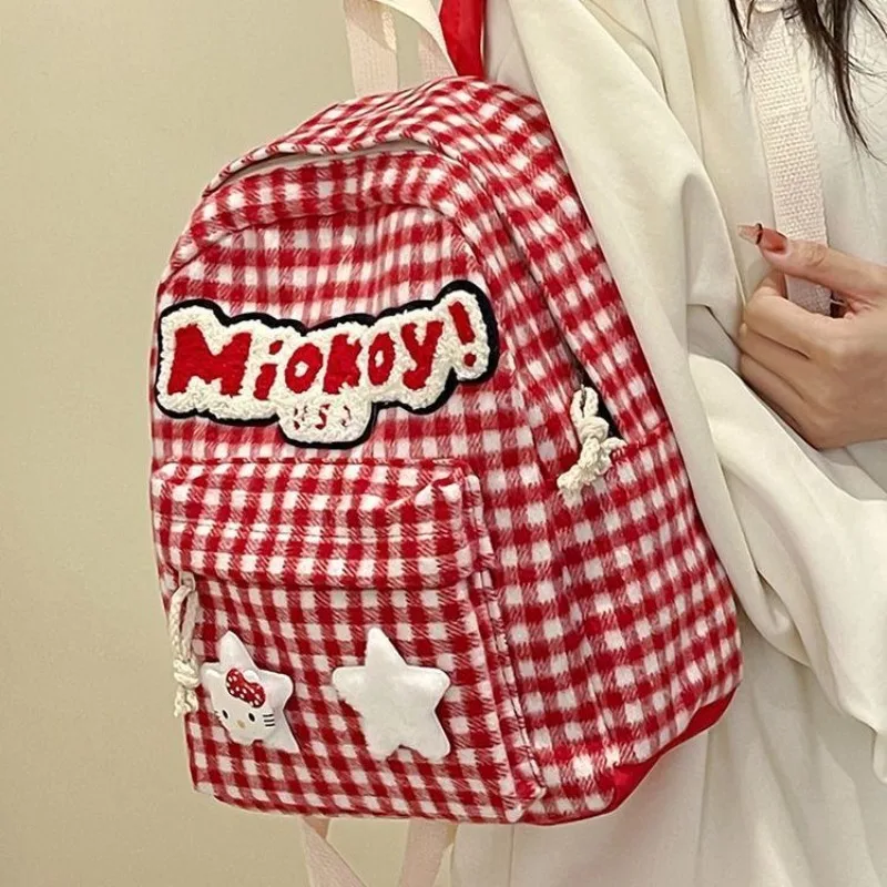 Xiuya Plaid Cute Womens Backpack Vintage Red Hello Kitty Fashion Aesthetic Backpacks Sweet Kawaii New Female Korean Popular Bag