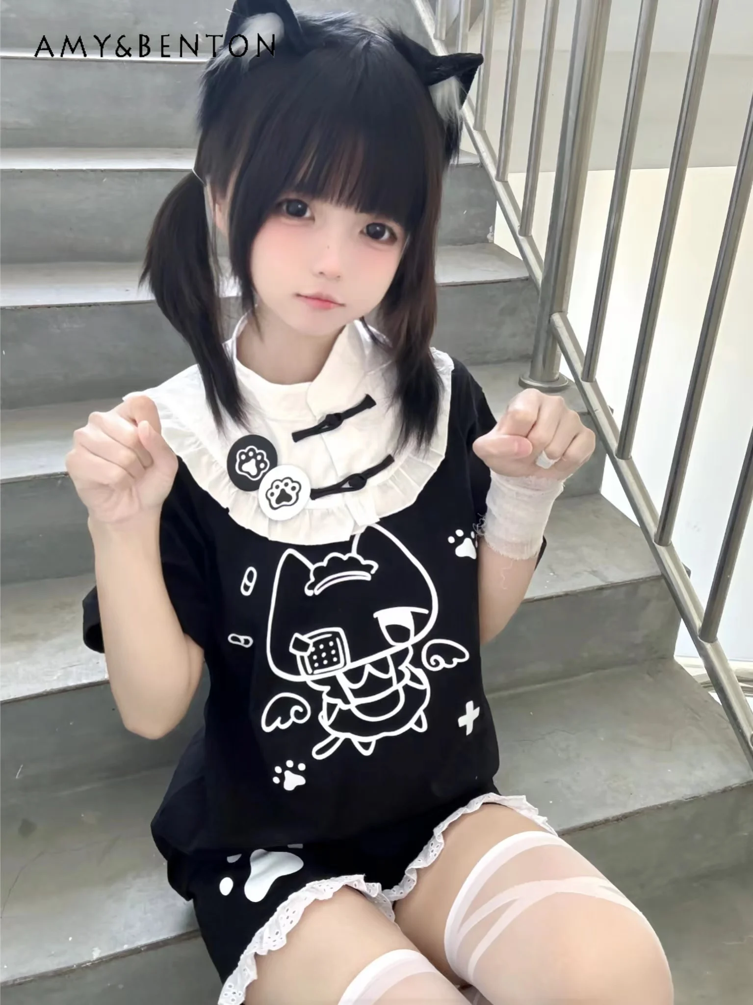 Chinese Style Mine Cartoon Printed Short-Sleeved T-shirt Summer Japanese Kawaii Two-Dimensional Oversized T Shirt Gothic Y2k Top