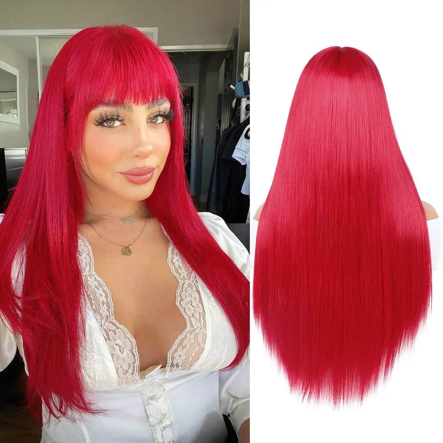 

Red Long Straight Synthetic Wig With Bangs, Red Hair Wig For Women Cosplay, Natural Heat Resistance, Daily Full Head Cover
