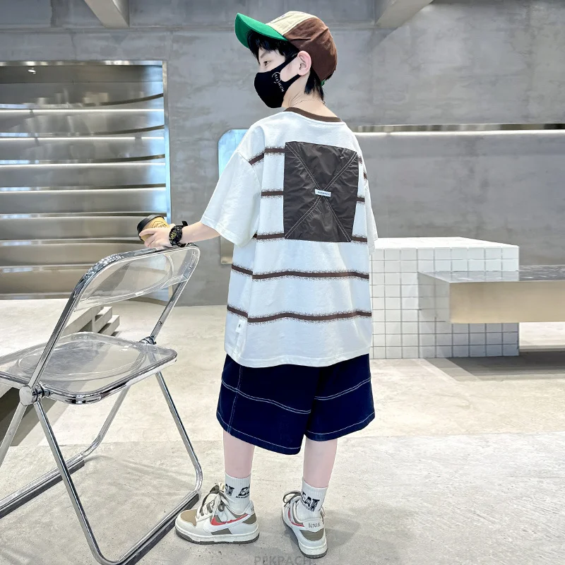 Child Summer Clothing Set For Boys Casual Sport Suit Kids Teenager Cotton Outfits Stripe Short Sleeve Tracksuit Luxury Costume