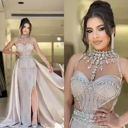 Elegant Arabic Aso Ebi Red Mermaid Sparkly Prom Dresses Crystal Sheer Neck Evening Formal Party Second Reception Birthday Wear