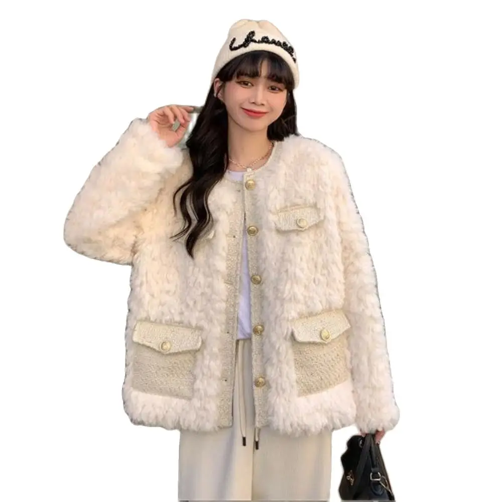 

Woman Coats 2024 Winter New In Cold Outerwears Short Thickened Lamb Wool Korean Style Chic and Elegant Clothes Plush Loose Top