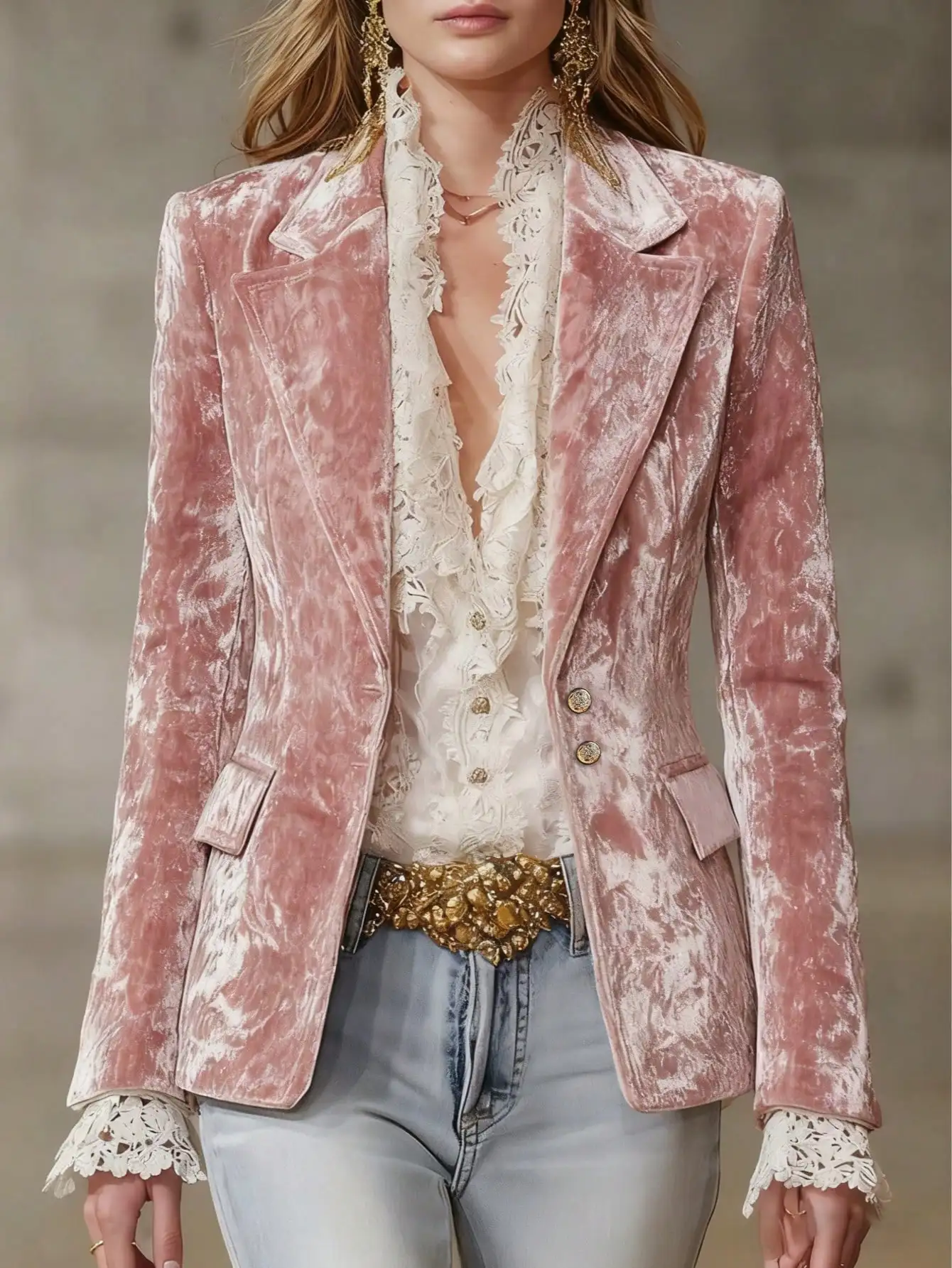 

Women's Pink Crushed Velvet Blazer with Lace Trim, Single-Breasted, for Casual or Party Wear