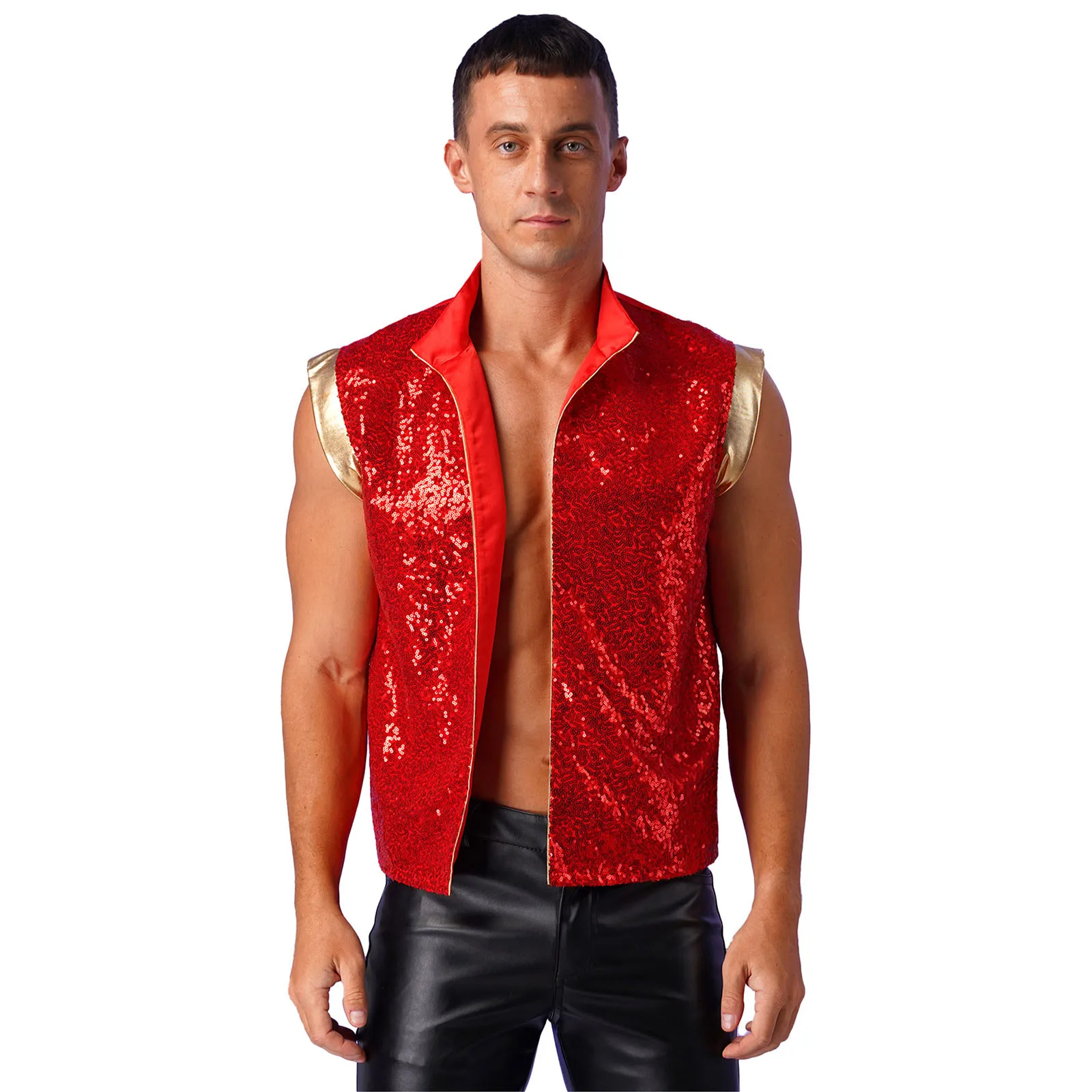 Mens Halloween Arabian Prince Vest Sparkly Sequin Open Front Metallic Patchwork Waistcoat Indian Arabian Cosplay Costumes