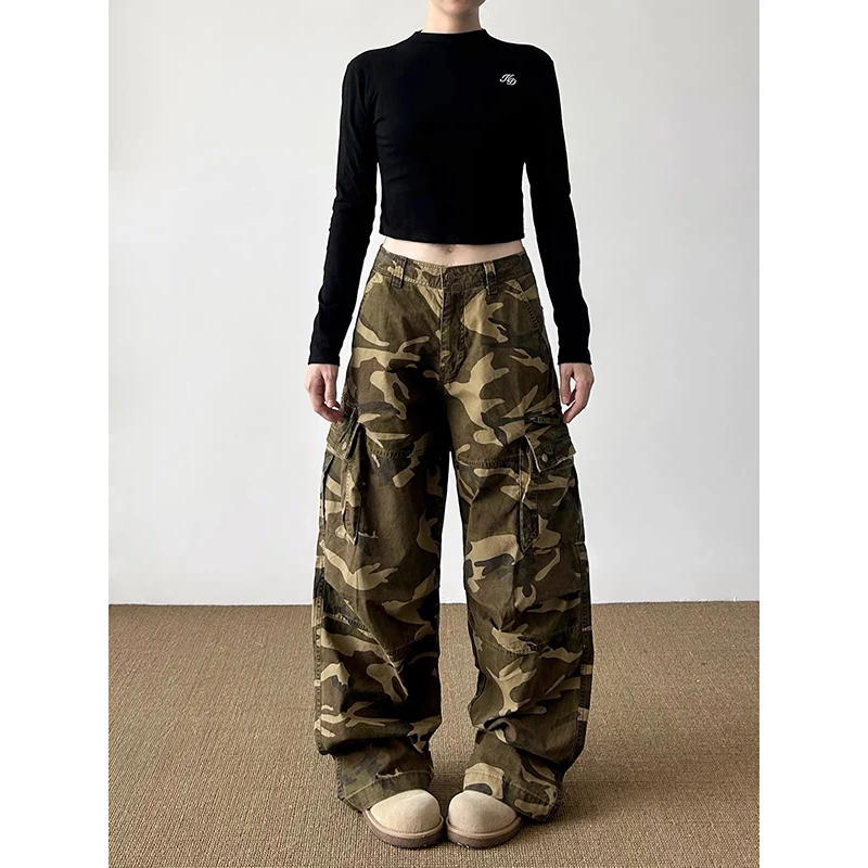 YIBASHU Women Gothic Y2k Cargo Jeans Vintage Hiphop Grunge Boyfriend Camouflage Jeans Pants Baggy Boyfriend Wide Leg Denim Pants