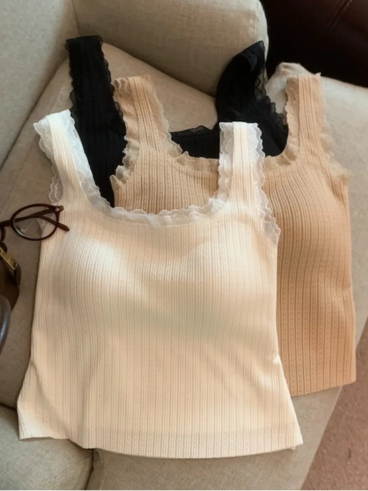

Korean Style Short Lace Trim Halter Neck Vest Women's Winter Inner Wear Bra Integrated Base Layer Top Sweet Spicy Girl