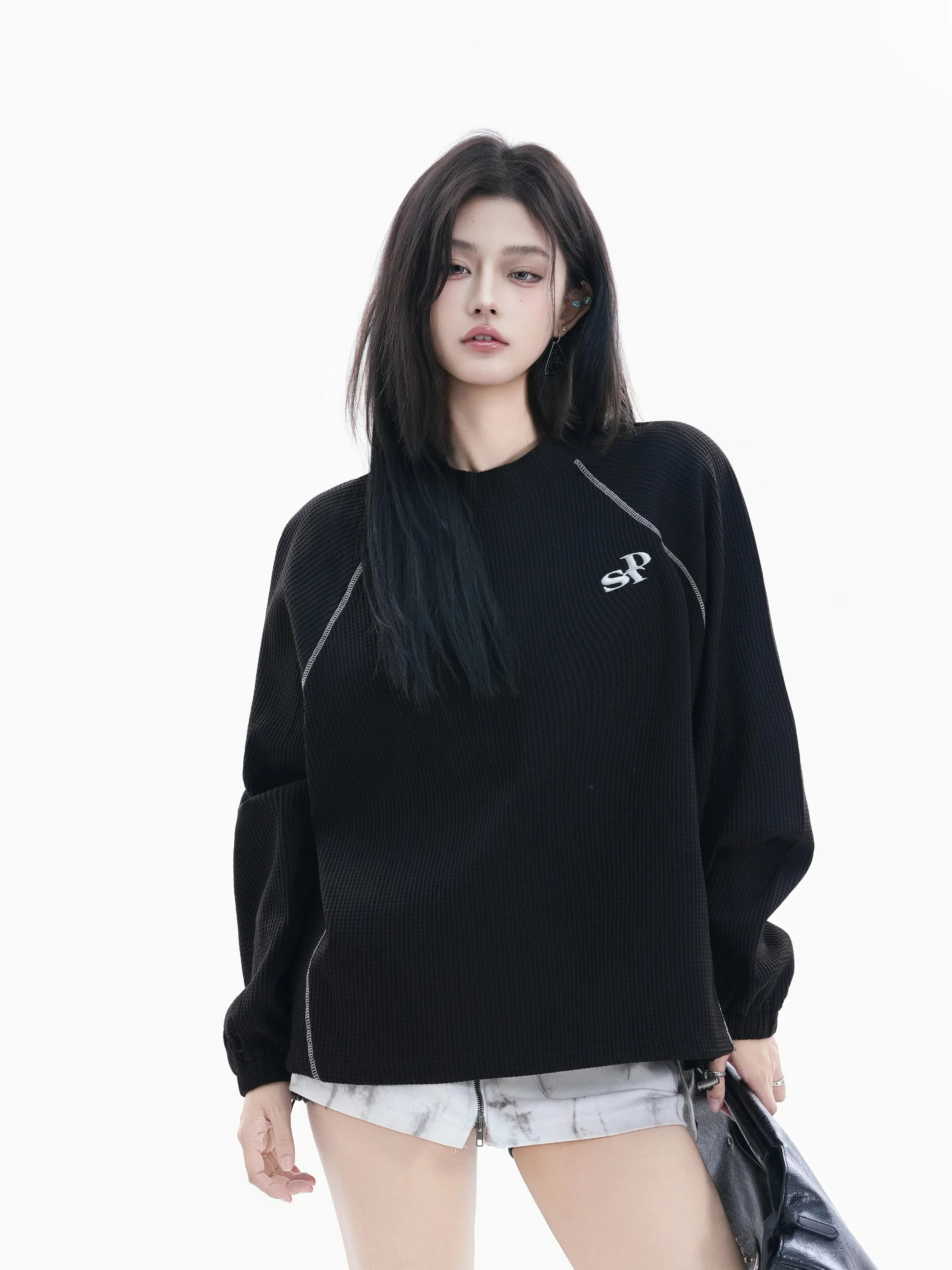 

American Retro Lace-Up Sweatshirt Women's Loose Lazy Stitching Design Couple's Upper Apparel Polyester Elastic Fiber