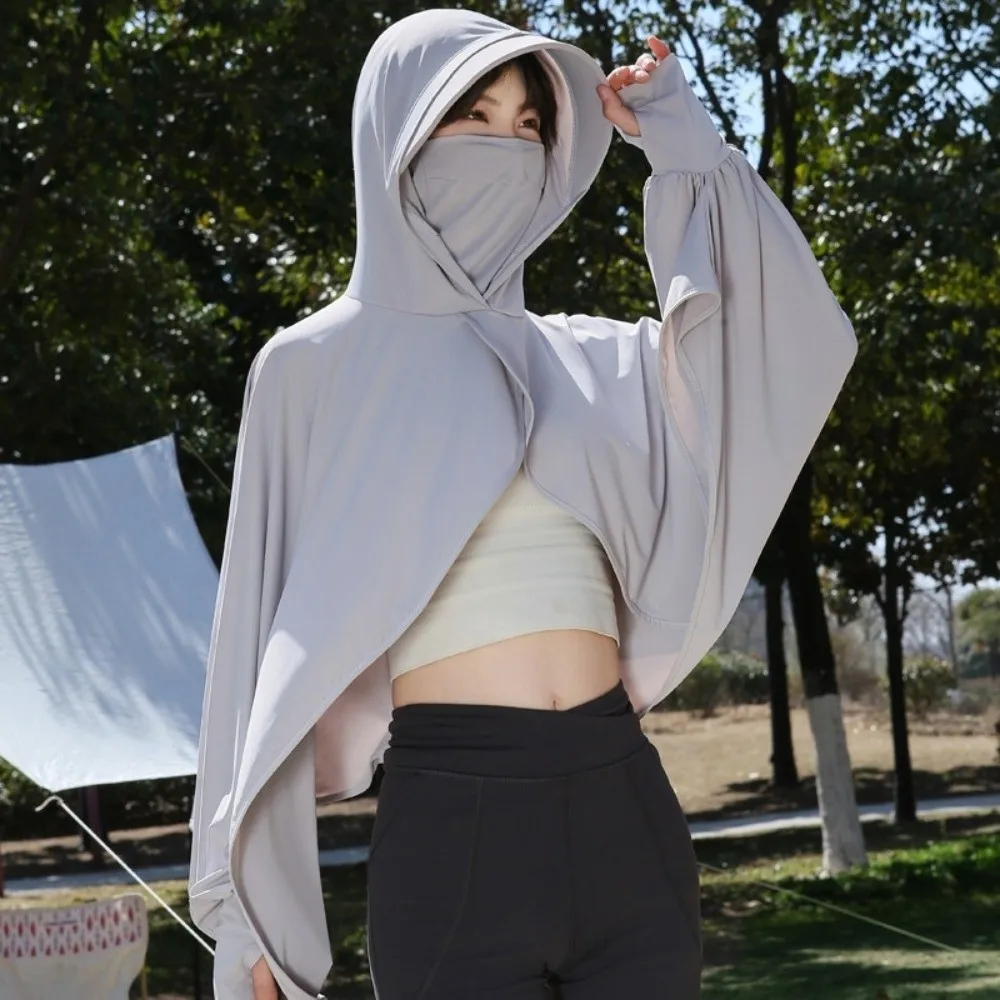 Solid Color 3 in 1 Sunscreen Hoodie Long Sleeve Thin Sun Protection Clothing Loose Fit Waterproof Facemask Hat Sunscreen Shawl