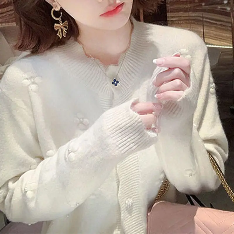 Women Autumn Temperament Lace Solid Color O-neck Long Sleeve Knitwear Ladies Fashion All-match Buttons Knitting Cardigan Coat