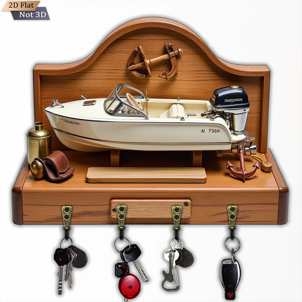 2D Flat, 1pc, Boat-Shaped Wooden Key Hook, Wooden Multi-Functional Home Key Hook with Four Metal Hooks, Wall Decor, Porch