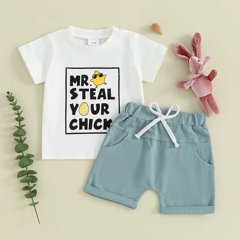 2Pcs Baby Boy Easter Outfits Short Sleeve Chick Letter Print Tops Shorts Set Newborn Clothes