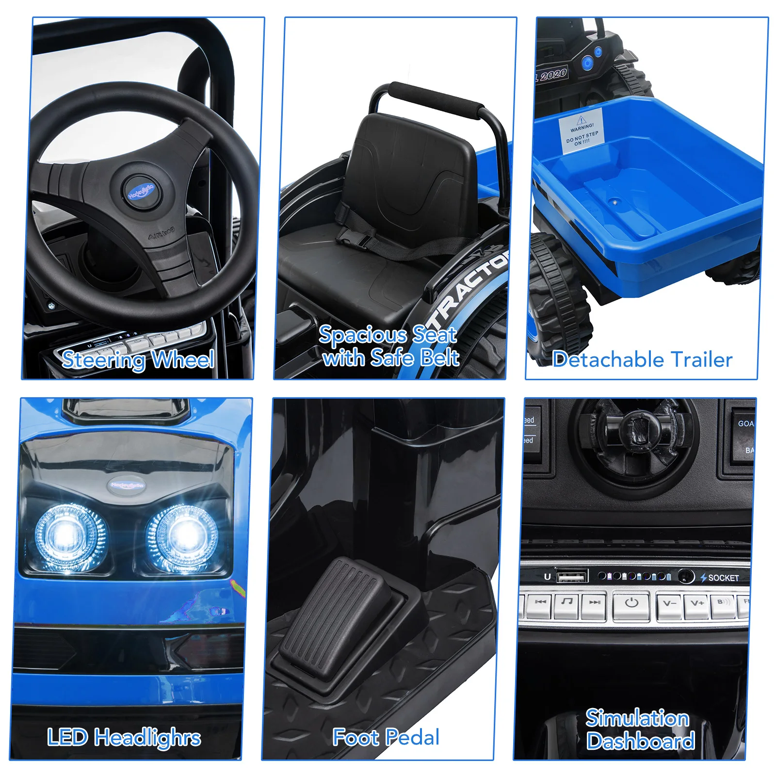 12V キッズライドオン トラクター トレーラー付き リモコン LEDライト 後輪サスペンション - バッテリー駆動 電動車両 おもちゃ