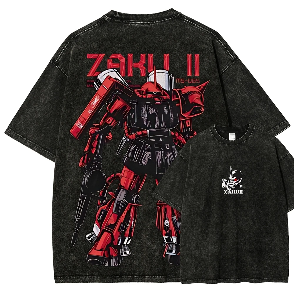 Camiseta Zaku II Char Aznable Masculina Vintage Acid Wash Mecha MS-06S Streetwear Oversized Retrô Mobile Suit Zeon Estampa Japonesa