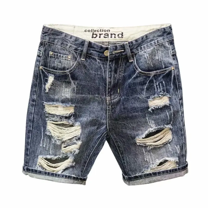 Summer Men\'s Fashion Straight Loose Hole Cropped Jenas Shorts Elastic Waist Five Points Denim Short Pants