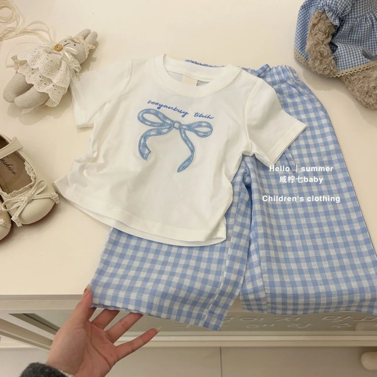 

Summer Girls Plaid Sets Kids Clothes Bow Print T-Shirt+ Wide-Legged Pants 2Pcs Suits Children Short Sleeve Sweet Outfits 2-8 Yea