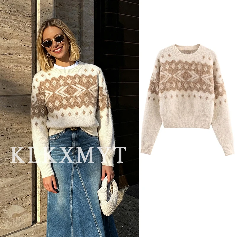 

Women Sweater Pullover 2025 Autumn Winter New Fashion Long Sleeves Printing Women Sweater Pullover Elegant Hight Street Top