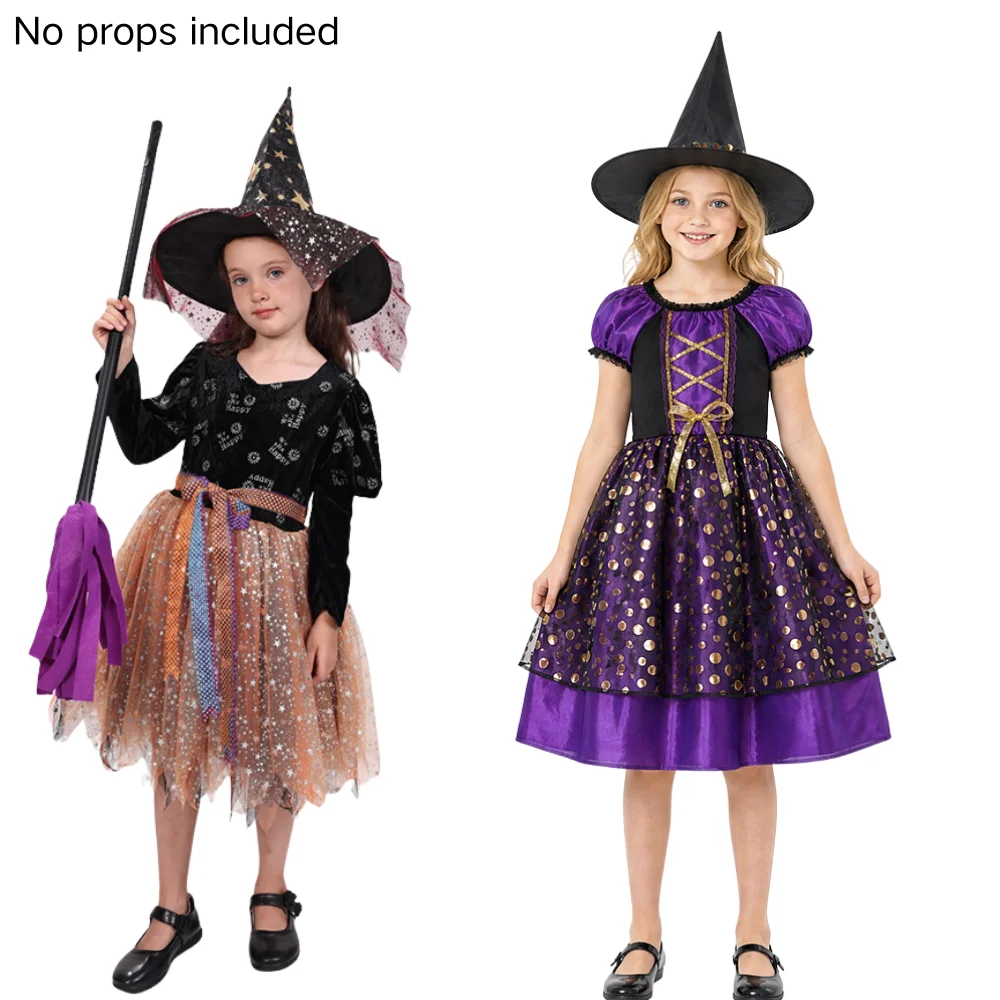 

Kids Girls Witch Costume Halloween Witch Cosplay Party Outfits Fancy Dress with Accessories Carnival Roleplay Stage Dress Up