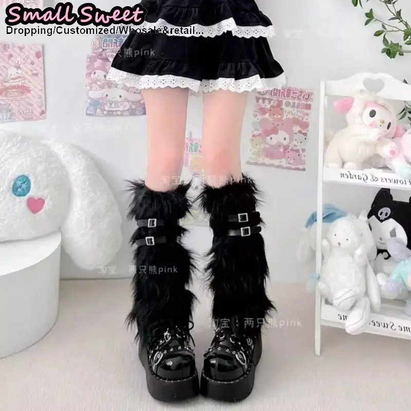 Gothic Lolita Jk Stockings Women Y2k Girls Subculture  Winter Leg Warmers Leather Button Calf fluffy socks Furry Leg warmer