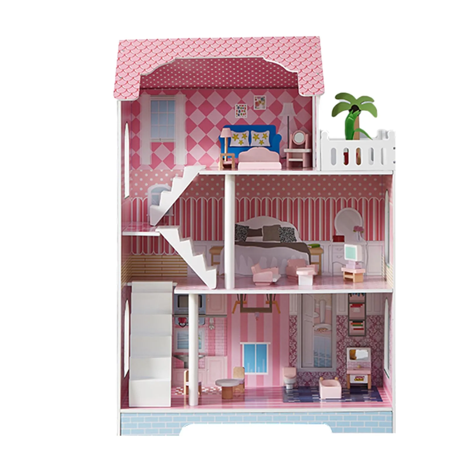 بيت دمية صغير مكون من 3 طبقات، بيت لعب للأطفال مع نافذة سقف وأثاث ألعاب خشبية لعيد الميلاد