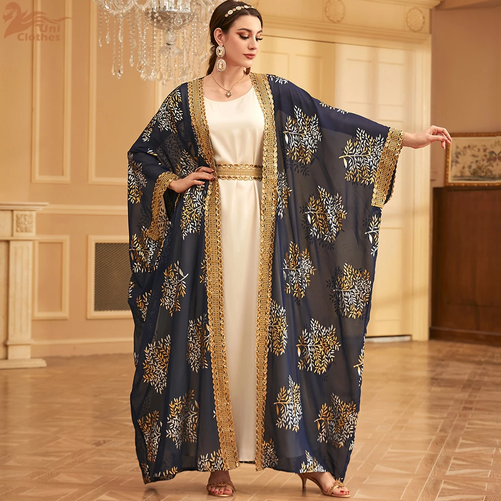 Uni Dubai Gold Stamping Abaya Set due pezzi con cintura per donna musulmana manica a pipistrello lusso sciolto marocchino caftano saudita