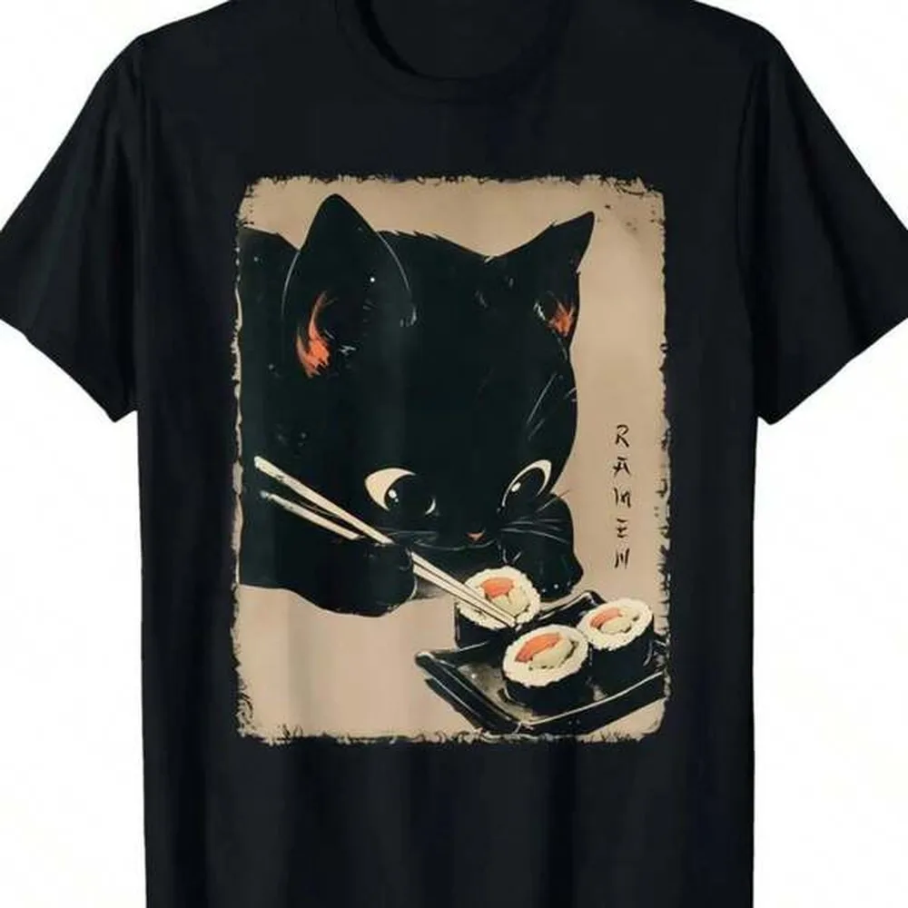 Camiseta de Algodón Puro 180GSM con Gráfico de Gato Comiendo Sushi, Linda y Divertida, Suave, Duradera y Transpirable, para Fanáticos del Sushi y de los Gatos
