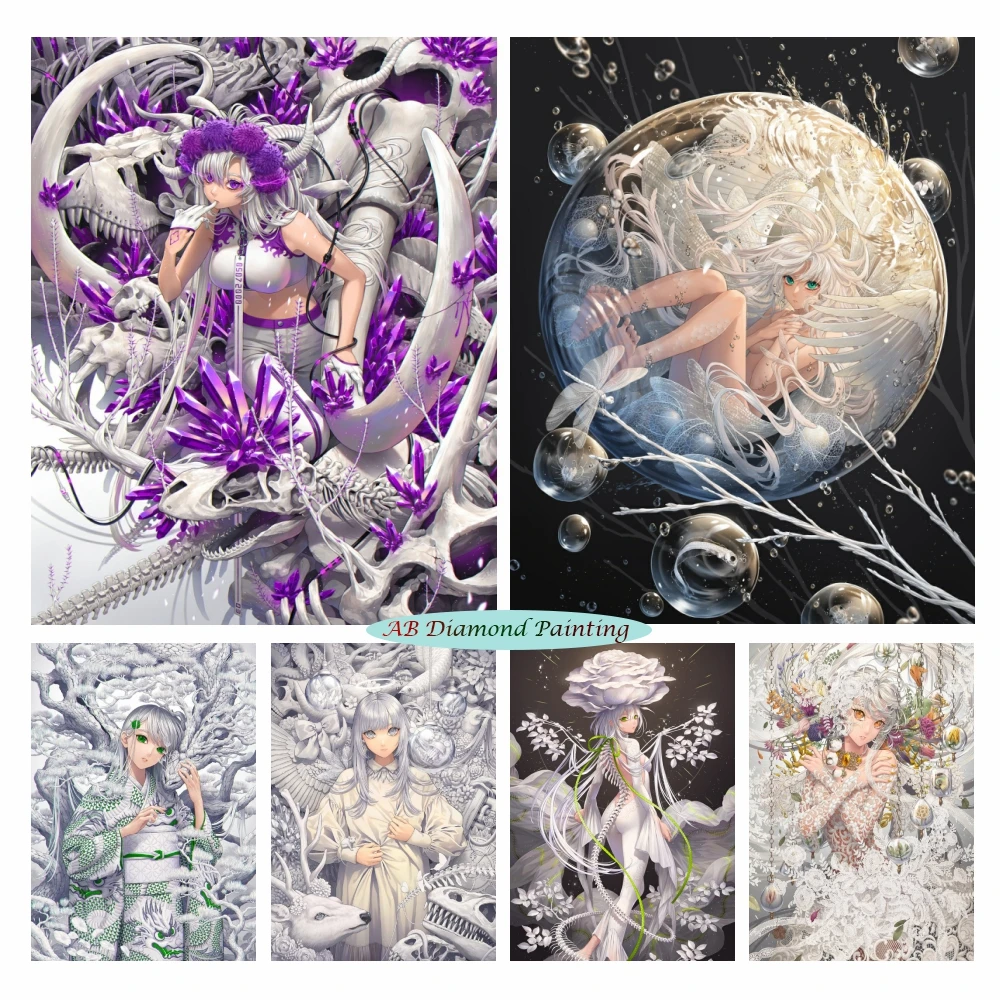 

Anime 5d AB Diamond Painting Fantasy Girl Wolf Flower Wall Art Full Square/Round Diamond Embroidery Mosaic Cross Stitch Decor