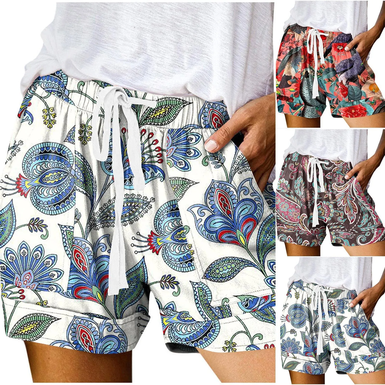 Athletic Shorts For Women Summer Beach Shorts Elastic Waist Floral Print Pockets Casual Drawstring Shorts Sports шорты женский