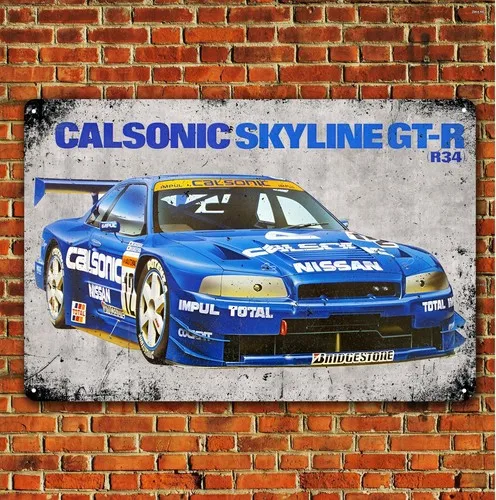 Calsonic Skyline Gt-r R34 - Póster Metálico de Coche de Carreras, Letrero de Metal para Garaje