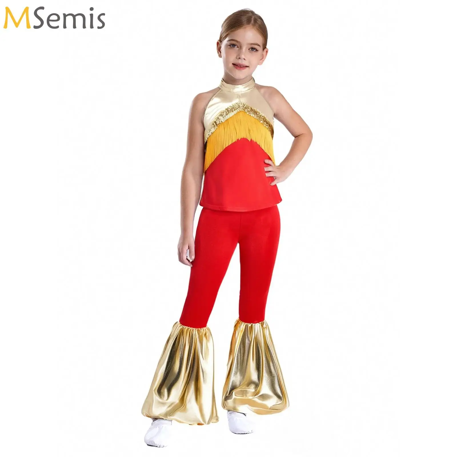 

Kids Girls Metallic Jazz Dance Outfits Sleeveless Fringe Crop Top with Pants Hip Hop Dancewear Set for School Party Performance