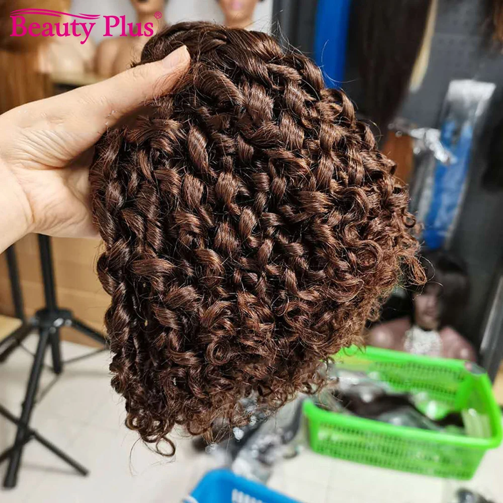 Coklat #4 berwarna Spiral keriting Funmi rambut manusia Brasil menenun ekstensi rambut Pixie rambut keriting bundel penawaran