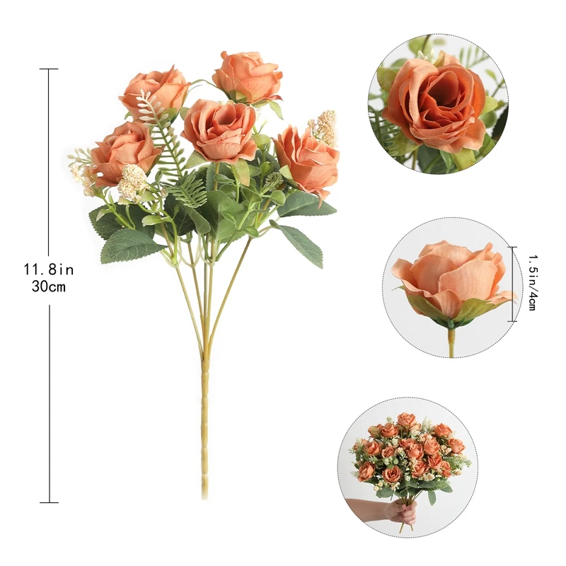Bouquet Di 10 Rose Artificiali In Seta – Boccioli Vintage Da 42 Cm Per Matrimoni E Decorazioni Casa, Colore Rosso Tramonto
