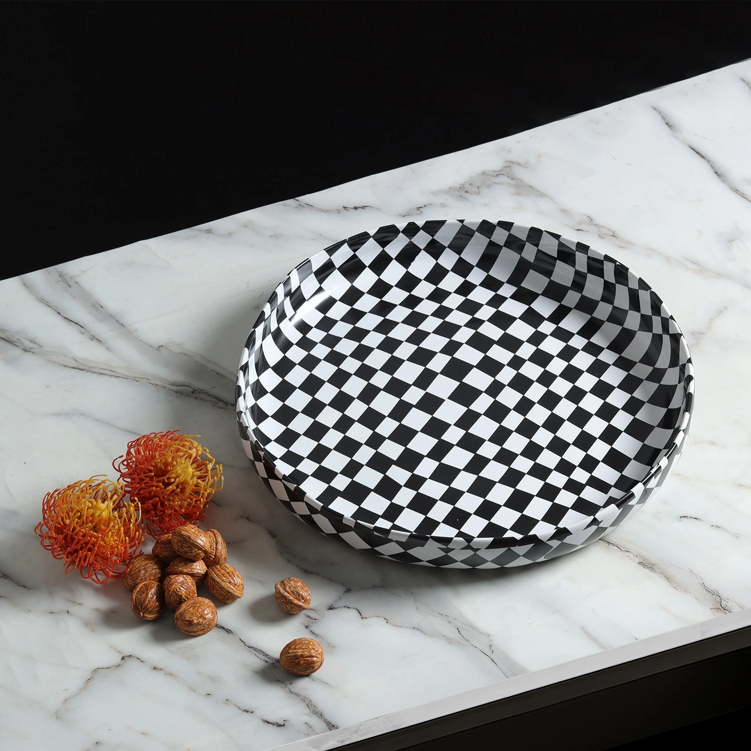 Black and White Checkered Tray Fruit Bowl Snack Plate Desktop Storage Container Geometric Grid Jewelry Dish Trinket Dish