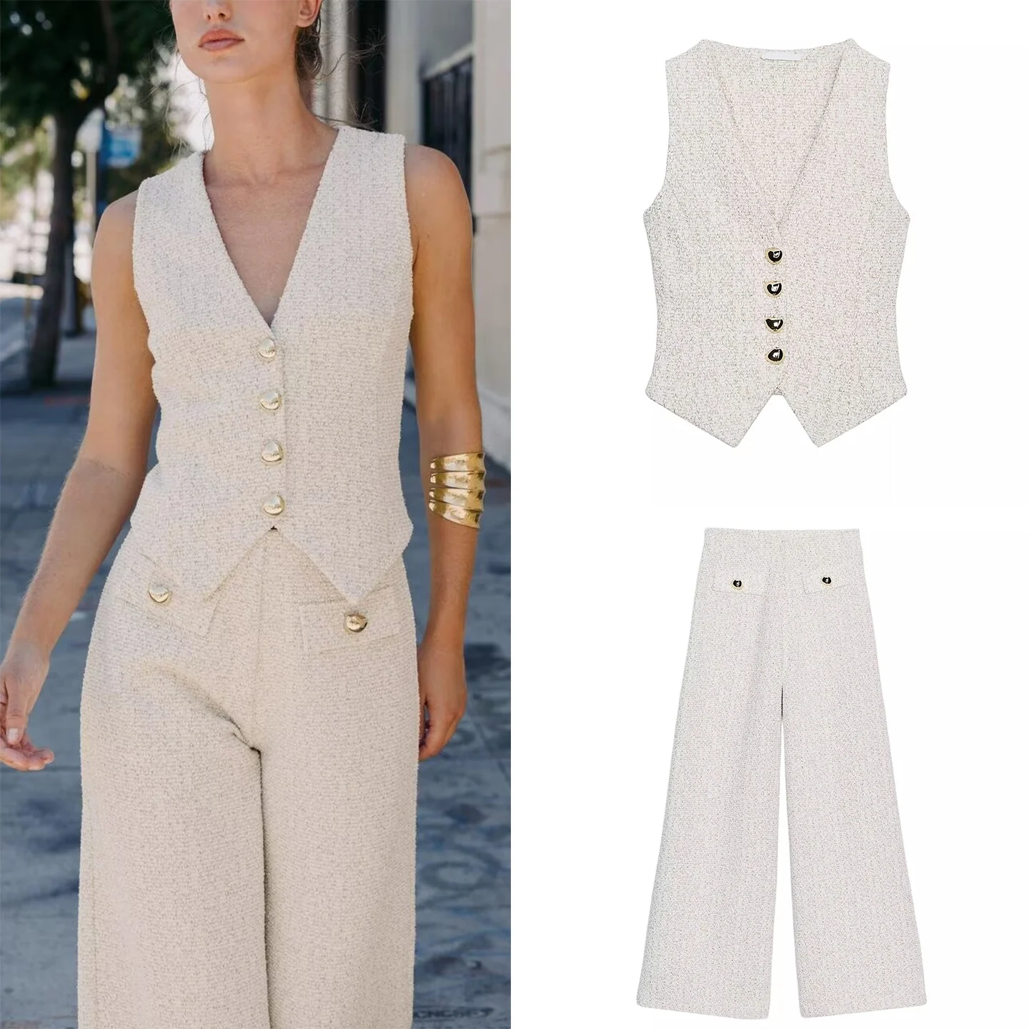 

Женский жилет на пуговицах с текстурой моиды, осенняя коллекция 2023 года со штанами, комплект из двух предметов, брендовая всесезонная одежда для взрослых Z