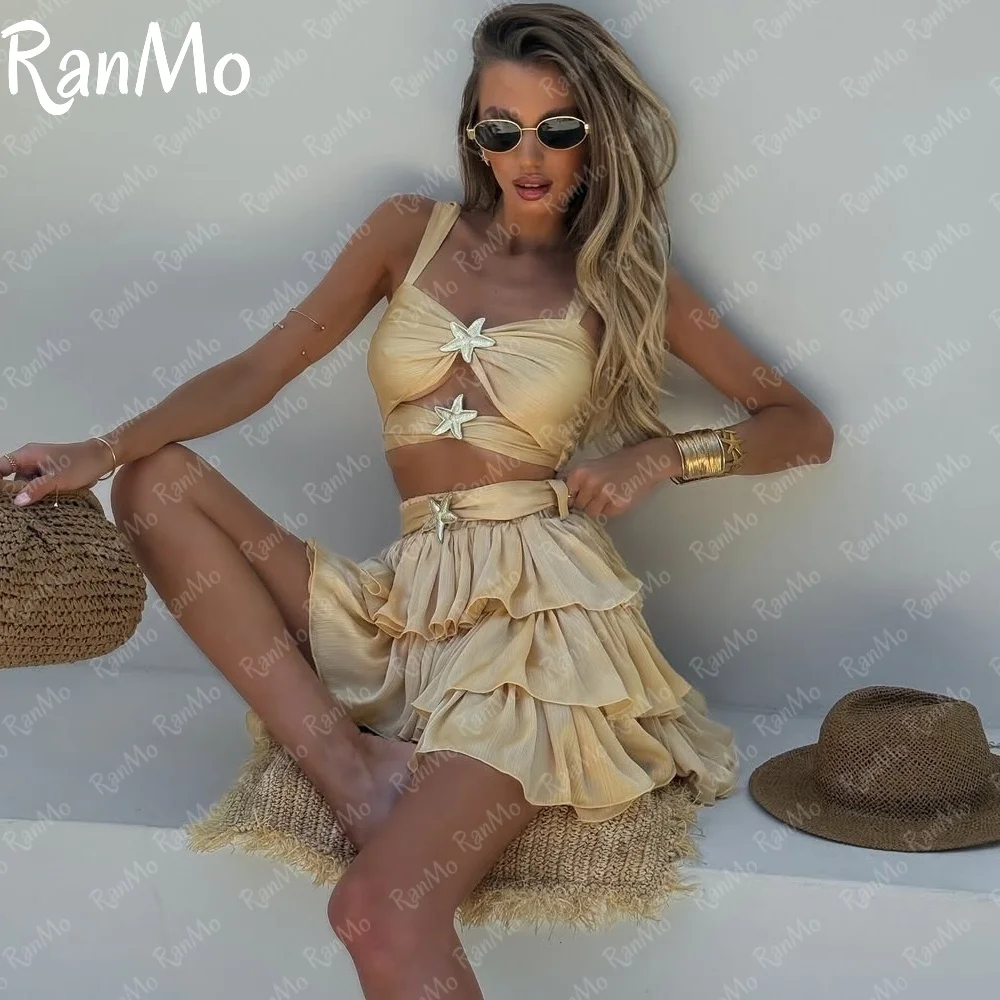 

Ranmo Customized Spaghetti Strap Golden Two-piece Set Short Party Dress Pleat Lace Up Back Decorative Tiered Elegant Pleat 2025