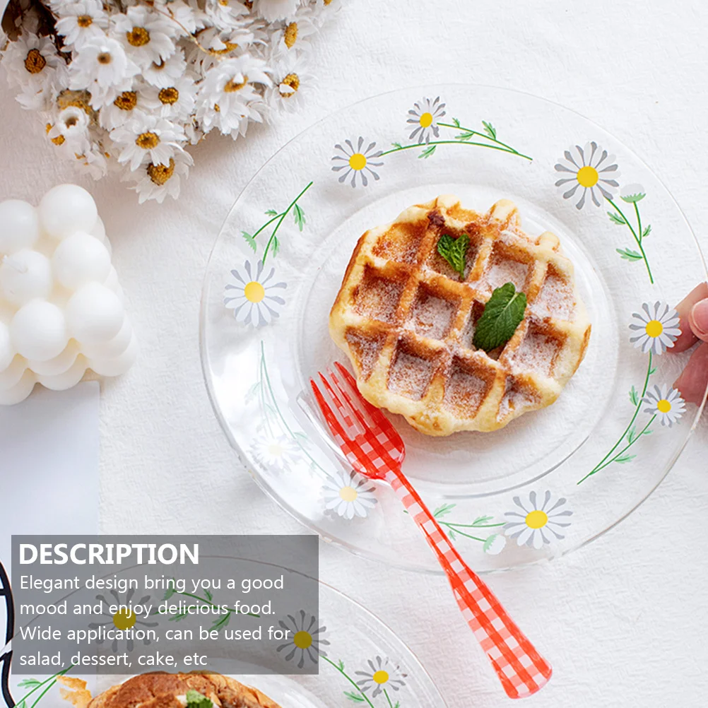 

1Pcs Tempered Glass Plate with Daisy Pattern Creative Salad Dessert Dish Household Tableware Fruit Steak Pan Salad Plate