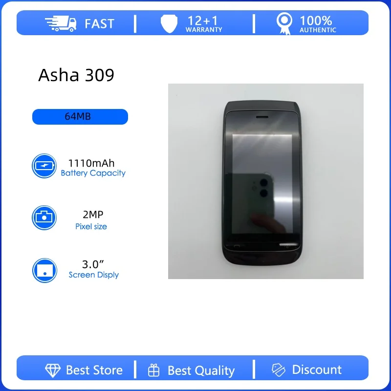 Teléfono Móvil Asha 309 2G Desbloqueado, Reacondicionado, Original, con una Sola Tarjeta SIM, GSM 900/1800, Teclado en Ruso, Árabe y Hebreo, Hecho en Finlandia