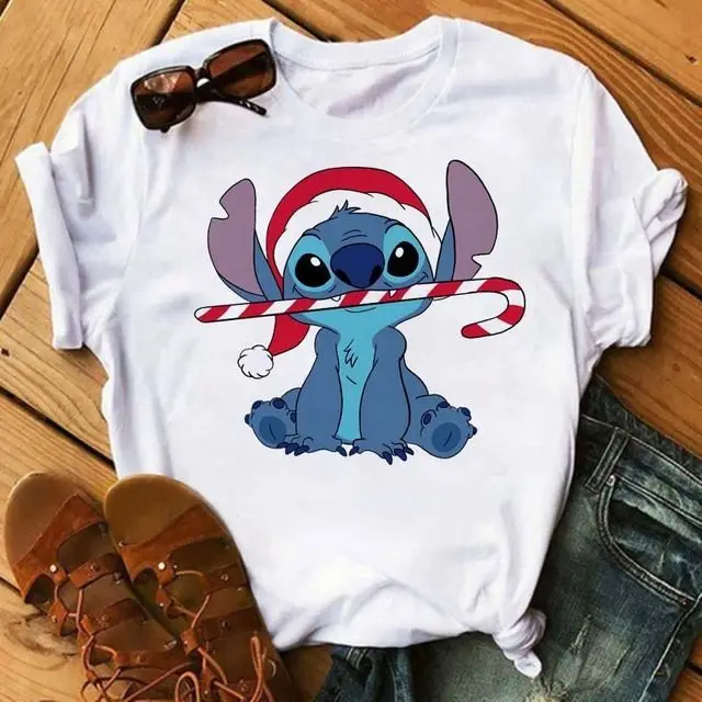 Christmas Stitch Disney T-shirt ample et confortable en coton pour hommes et femmes, tenue Parent-enfant à manches courtes