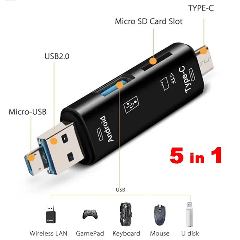 5 in 1 Multifunction USB 2.0 Type C/Usb /Micro Usb/Tf/SD Memory Card Reader OTG Card Reader Adapter Mobile Phone Accessories