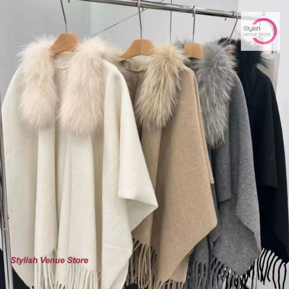 French-style ladies' pure color fur collar imitation collar cloak women's autumn and winter tassel coat knitted casual cardigan